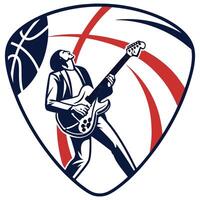 A man playing guitar with a basketball ball in the background vector