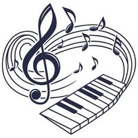Music notes and treble clef on a piano keyboard vector