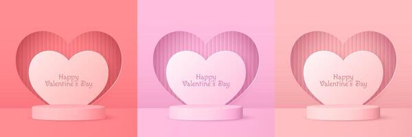 Set of 3D Valentines Day with podiums, heart shaped frames, and pastel tones. vector