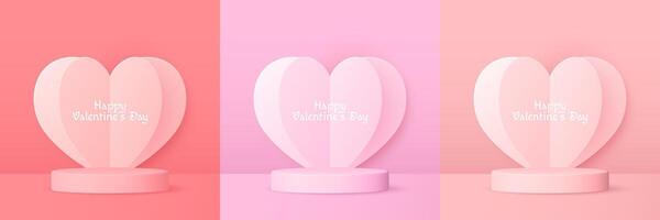 Set of 3D Valentines Day backgrounds with podiums, heart shaped frames, and pastel tones. Perfect for product displays and showcases. vector