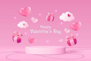 Celebrate Valentines Day with a charming podium design adorned with heart shapes. Perfect for showcasing products, cosmetics, advertisements, or awards on a soft pink background. vector