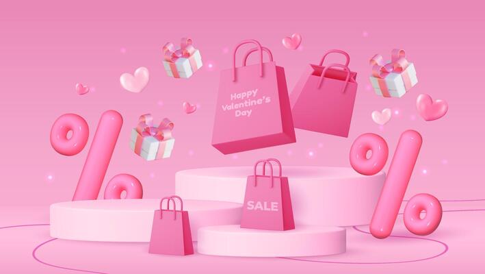 Valentine's day banner featuring a pink gift box, shopping bag, discount balloon and product display podium. Social media template, discount sale promotion, greeting card, voucher web.