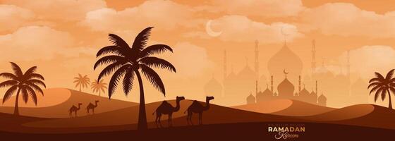 Ramadan Kareem illustration featuring a vibrant desert scene with a radiant sky, camels, date palms, and mosque. vector