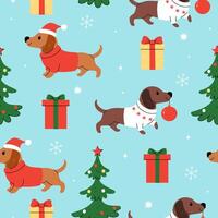 Seamless pattern with Christmas dachshunds, trees and gifts. graphics. vector
