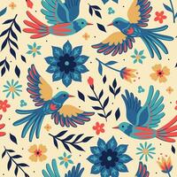 Seamless pattern with birds and flowers in folk style. graphics. vector