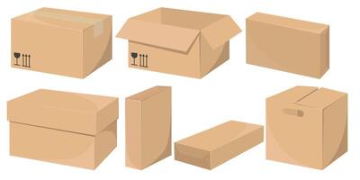 realistic illustrations of cardboard delivery boxes, with a focus on front and side views of craft-style packages. vector