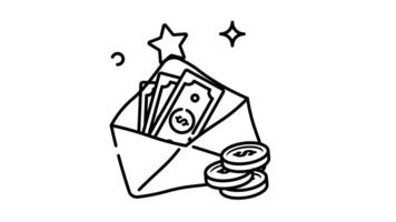 Hand-drawn illustration of an envelope filled with money and coins, symbolizing financial reward, wealth, and prosperity. A star adds a touch of luck or success. video