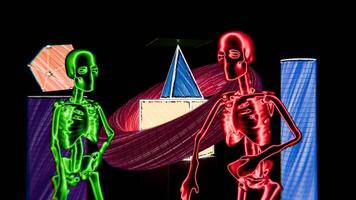 Vibrant abstract dance of digital shapes and figures in a lively setting video