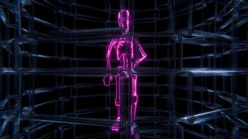 Vibrant neon skeleton dances in a mesmerizing digital kaleidoscope environment video