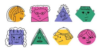 Cute cartoon set of comic faces with positive and negative emotions. Hand drawn crayon caricature emoticons in geometric shapes isolated on background. Funny, sickness, anger, arrogant expressions. vector