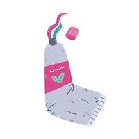 Lovely cartoon twisted toothpaste tube with cap and squeezing paste from it. Funny hand drawn open toothpaste with mint leaves on label. Dentistry and tooth hygiene clipart isolated on background. vector