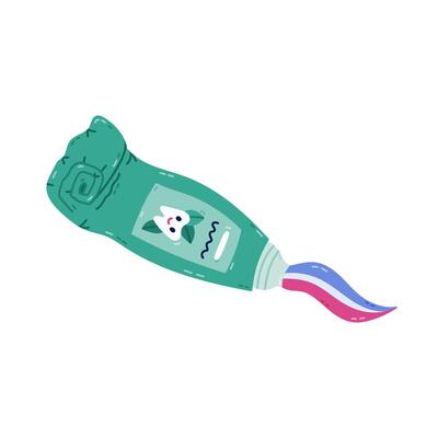 Lovely cartoon rolled up toothpaste tube with squeezing paste from it with mint flavor. Hand drawn used open toothpaste with smiling teeth, leaves on label. Dental care clipart isolated on white.