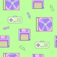 Seamless pattern with floppy disk and gamepad. Multicolored elements on green background. Retro illustration with outline in 90s style. illustration. vector