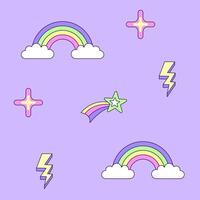 Seamless pattern with vintage comet lightning and rainbow in style of 90s. Multicolored elements on purple background. Retro illustration with outline in 90s style. illustration. vector