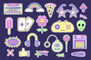 y2k elements set. Multicolored elements on dark background. Retro illustration with outline in 90s style. Isolated illustration. vector