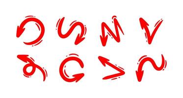 Hand drawn red line arrows set. curvy and wavy arrows isolated on white background. vector