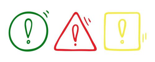 Doodle exclamation mark, notification bell, alert danger information sign set. Color scribble hand drawn doodle exclamation point, stop warning sign in circle, triangle, square form. Red, green vector