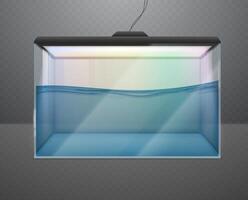 Glass realistic transparent rectangular aquarium with water or terrarium with black lid and lighting. vector