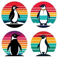 Four Retro-Style Penguin Designs with Sunset Backgrounds vector