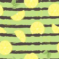 Seamless pattern with hand drawn lemon slice on striped green background. Fresh organic fruit, healthy, vegan, raw food. vector