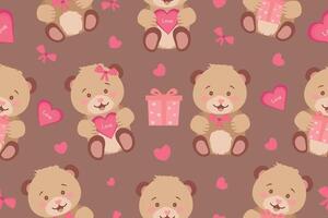 Seamless pattern with cute teddy bears and hearts in flat style on Mocha Mousse background. Valentine's Day, Teddy Bear Day design. . vector