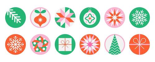 Set of 12 festive holiday icons in circles. Christmas and New Year design elements vector
