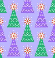 Seamless pattern with green and purple Christmas tree on lilac background in geometric minimalist style vector