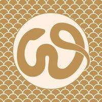Golden snake silhouette in circle on geometric background. vector