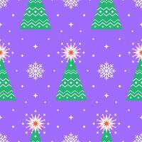 Seamless pattern with green Christmas tree and snowflakes on purple background in flat style vector