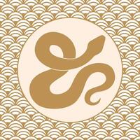 Elegant golden snake in circle on patterned background. vector