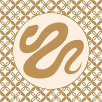 Winding golden snake in circle, on geometric hemp leaf pattern vector