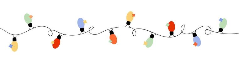 Christmas garland lights on a black curvy string. Single line isolated on white background. vector