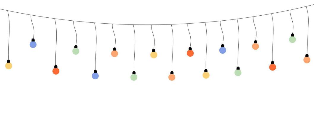 Garland lights on a string. Colorful light bulbs isolated on white background. Christmas, New Year, birthday, wedding or any other celebration decor element.