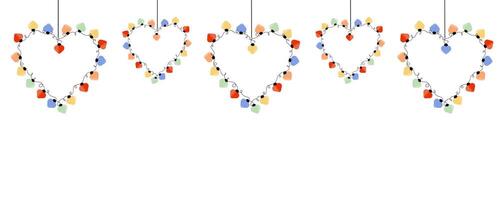 Horizontal template with heart shaped garland lights. Decorative design elements with colorful light bulbs for Valentine's day card, wedding invitation, web banner, poster. vector
