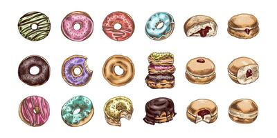 Hand-drawn colorful vintage sketch collection of donuts with toppings vector