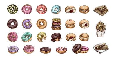 Hand-drawn colorful sketch set of donuts and churros collection vector