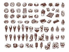 Hand-drawn vintage sketch set of donuts, ice cream, and chocolates vector