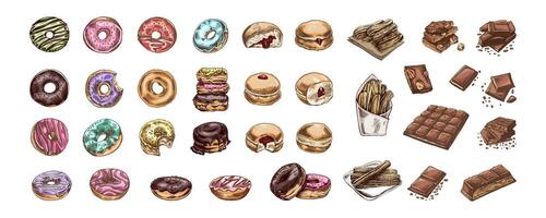Hand-drawn colorful sketch set of donuts, churros, and chocolates vector