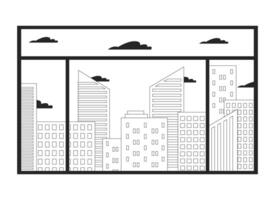 City skyline through window black and white 2D line object. Buildings, clouds. Architectural view. Urban landscape. Cityscape isolated clip art outline item. Monochromatic spot illustration vector