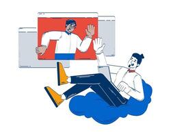 Virtual conversation with relaxed teleworker doodle illustration concept. Remote collaboration. Web meeting. Diverse coworkers waving cartoon 2D characters isolated on white. Hand drawn drawing vector
