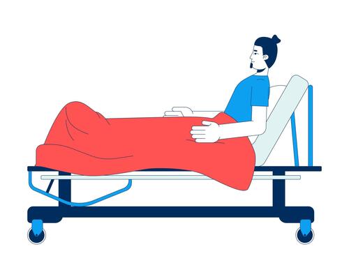Caucasian man patient reclining on hospital bed with blanket 2D cartoon character. Hospitalization. Bedridden guy recovery in sickbed isolated person flat on white. Spot illustration colorful