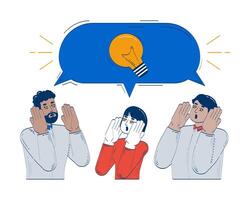 Multicultural team amazed by bright idea doodle illustration concept. Light bulb speech bubble. Brainstorming office workers cartoon 2D characters isolated on white. Hand drawn drawing vector