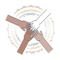 Diverse hands in unity circle doodle illustration concept. Cultural diversity. Team arms placed together in circular formation cartoon 2D composition isolated on white. Hand drawn drawing vector