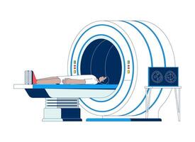 Indian male patient undergoing MRI scan 2D cartoon character. Man lying on scanner bed during diagnostic procedure isolated person flat on white background. Spot illustration colorful vector
