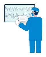 Doctor in scrubs analyzing brainwave data on monitor 2D cartoon character. Medical diagnostics. Neurologist indian man isolated person flat on white background. Spot illustration colorful vector