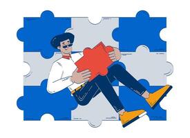 Employee playing individual role in completing puzzle doodle illustration concept. Team member contributes in achieving unified whole cartoon 2D character isolated on white. Hand drawn drawing vector