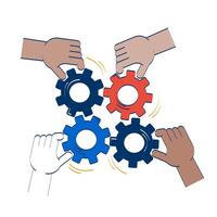 Collaborative effort teamwork cogs doodle illustration concept. Problem solving. Four diverse hands turning interlocked gears cartoon 2D composition isolated on white. Hand drawn drawing vector