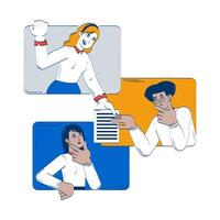 Virtual team collaborating through online interaction doodle illustration concept. Remote colleagues sharing document, proofreading cartoon 2D characters isolated on white. Hand drawn drawing vector