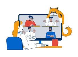 Virtual meeting with lazy cat and coffee doodle illustration concept. Remote job. call. Teleworker woman working from home cartoon 2D characters isolated on white. Hand drawn drawing vector