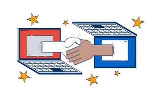 Virtual handshake connecting two laptops doodle illustration concept. Agreement digital. Two hands shaking through notebooks screens cartoon 2D composition isolated on white. Hand drawn drawing vector